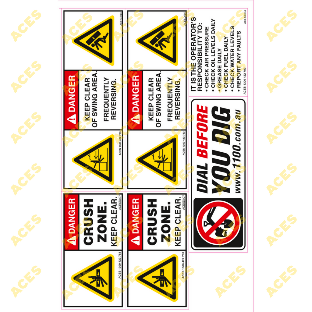 Excavator Safety Sticker Kit for Risk Assessment 10 to 24 tonne class