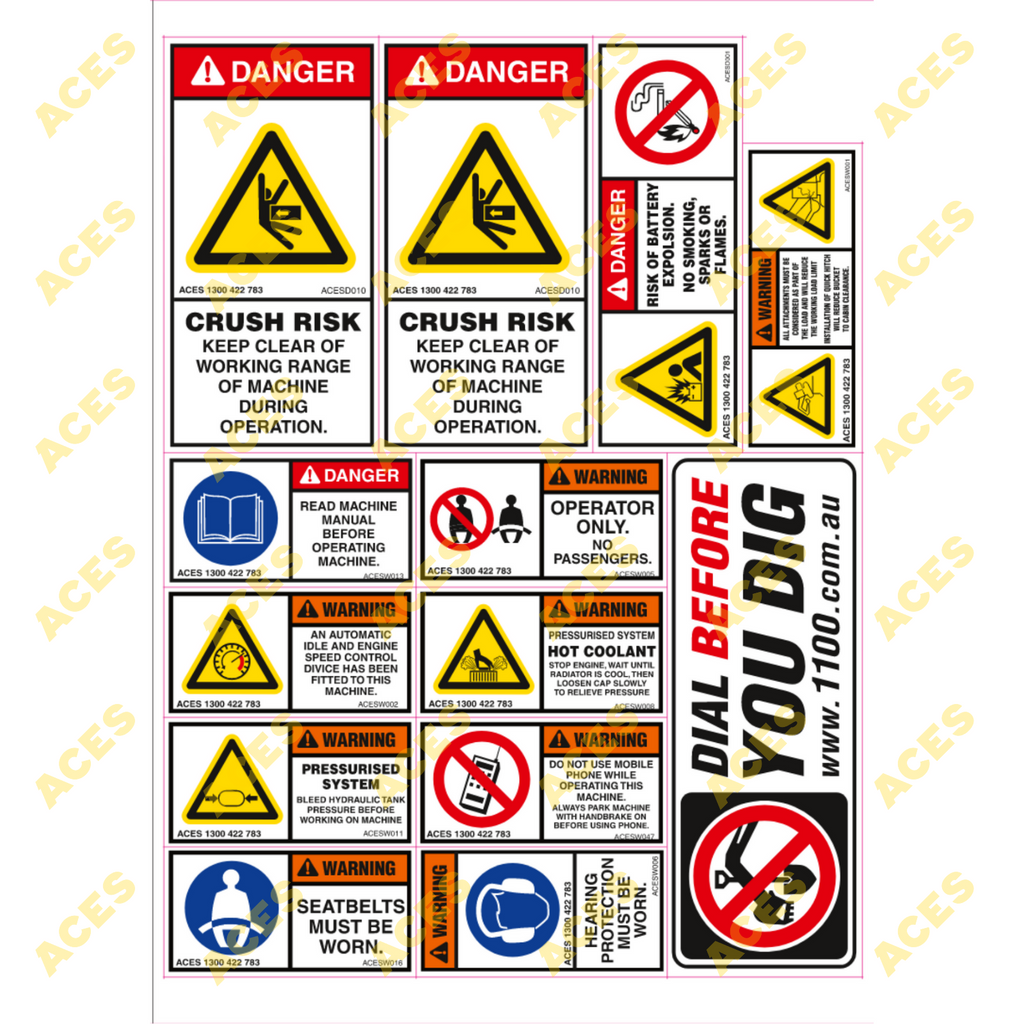 Mini Excavator Safety Sticker Kit for Risk Assessment up to 10 tonne class