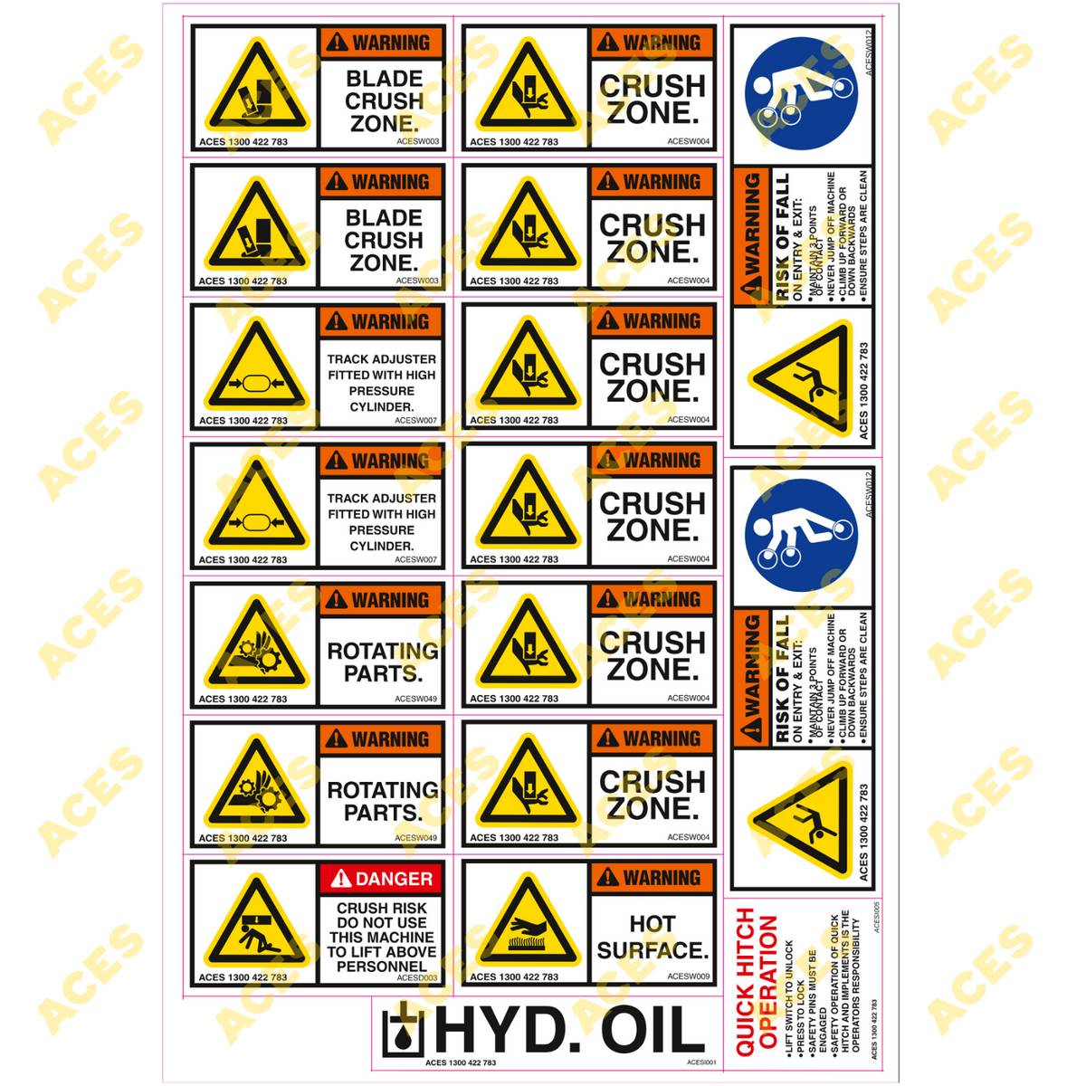 Mini Excavator Safety Sticker Kit for Risk Assessment up to 10 tonne class