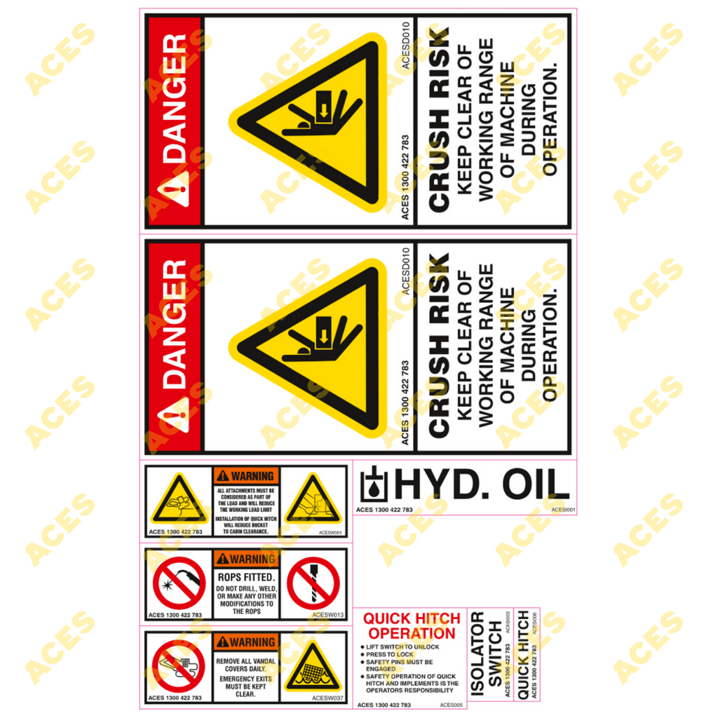 Excavator Safety Sticker Kit for Risk Assessment 10 to 24 tonne class