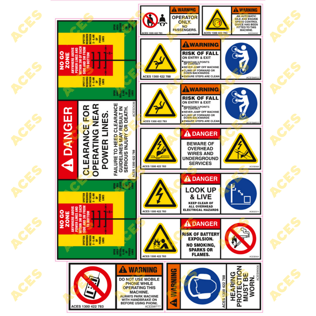 Excavator Safety Sticker Kit for Risk Assessment 10 to 24 tonne class